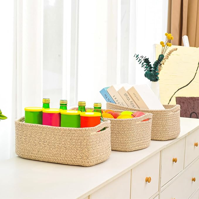 Small Baskets for Organizing, Woven Storage Baskets for Shelves, Small Rope Basket for Storage, Decorative Little Baskets for Gifts Empty, 13"×8.5"×5.1" (3 Packs) Brown