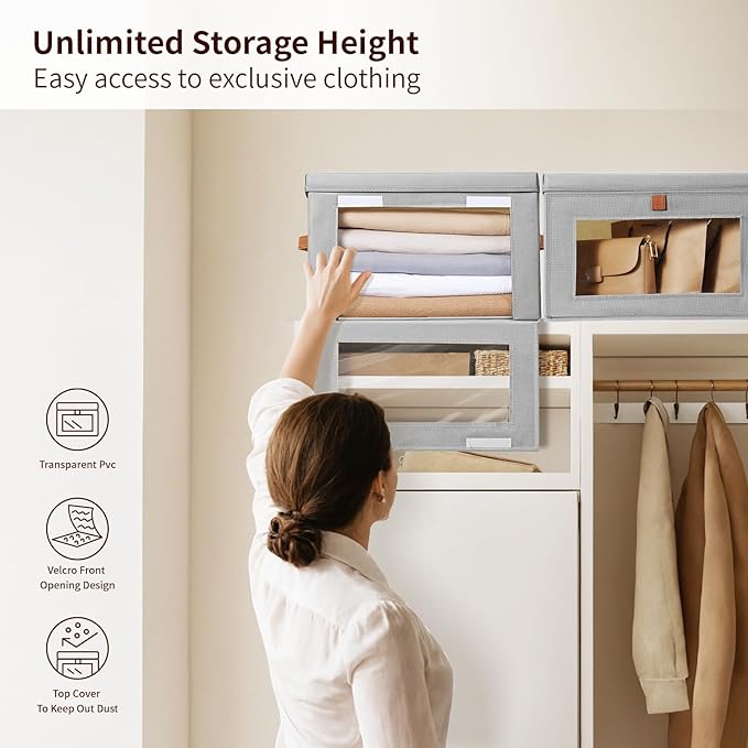 Large Closet Storage Bins - Collapsible Storage Bins with Handles & Window, Fabric Cube Organizer with Lids, Decorative Boxes for Living Room, Closet, Dorm, 4 Pack, Grey