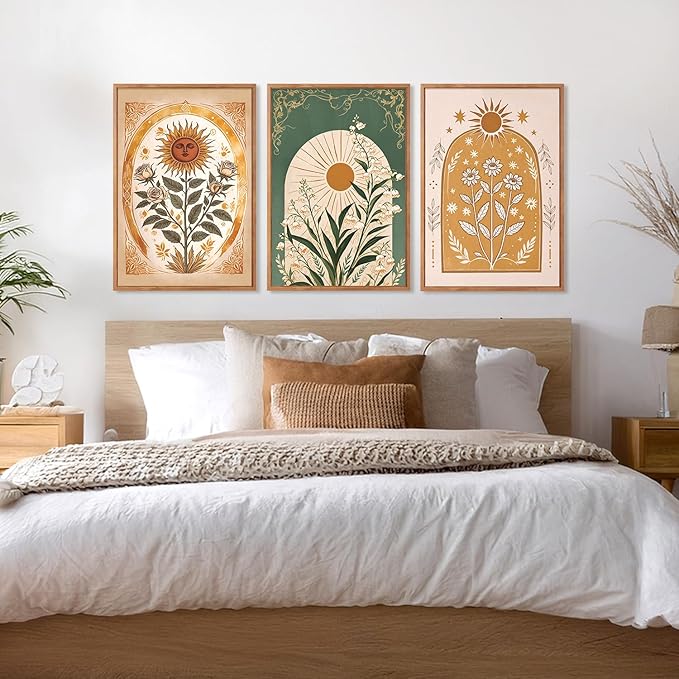 CHDITB Bohemian Floral Framed Canvas Wall Art Set, Nature Inspired Wall Decor, Boho Sun Art Spiritual Wall Painting, VintageArt Flowery Prints for Living Room, Bedroom, Office-Large Size 16"x24"x3