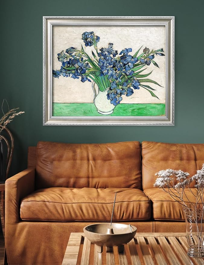 DECORARTS - Vincent van Gogh's Vase with Irises (1889), Museum-Quality Giclee Canvas Print in Silver Solid Wood Frame, 34.75 x 28.75 in, Ready to Hang, Made in USA