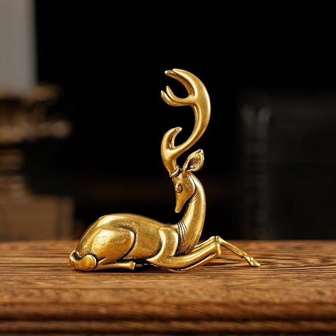 Retro Handcrafted Nostalgic Deer Statue - 100% Solid Brass Body & Genuine White Copper Horns | Elegant Tabletop Decor, Vintage Desk Ornament, Unique Gift for Nature Lovers
