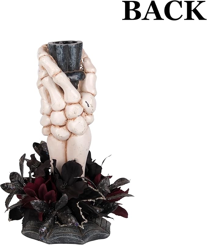 Halloween Candle Holder, Resin Skeleton Hand Candlestick with Black Faux Flower, Halloween Decor for Home Table, 7" Height