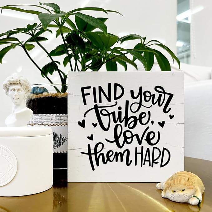 Find Your Tribe Love Them Hard Sign, Rustic Wood Sign, Modern Farmhouse Home Decor, Box Sign Tabletop Decor, Family Room Decor, Friendship Sign, Friend Gift, BFF Gift, White Wooden Box Sign