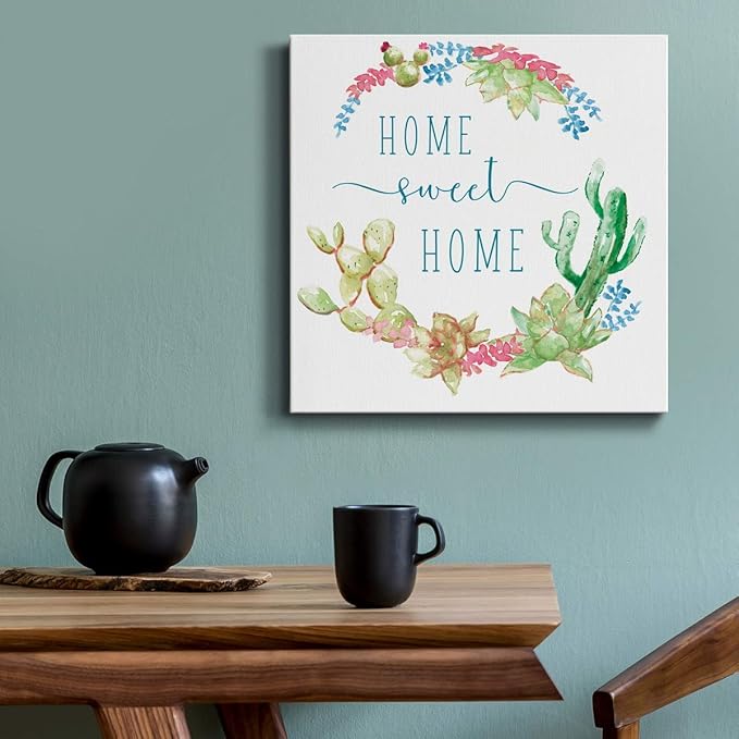 Wexford Home Square Premium Gallery Wrapped Canvas Flower Multicolor Wall Art Abstract Floral Romance Modern Pictures Print for Home Office, Ready to Hang, Cactus Vignette Wreath, 16x16