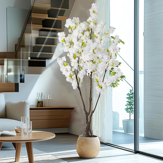 Artificial White Cherry Blossom Tree 6ft(72in) Faux White Flower Tree Indoor Decor Handmade Natural Fake Cherry Tree for Wedding Realistic Cherry Blossom Plant in Pot for Home,Living Room,Office Decor