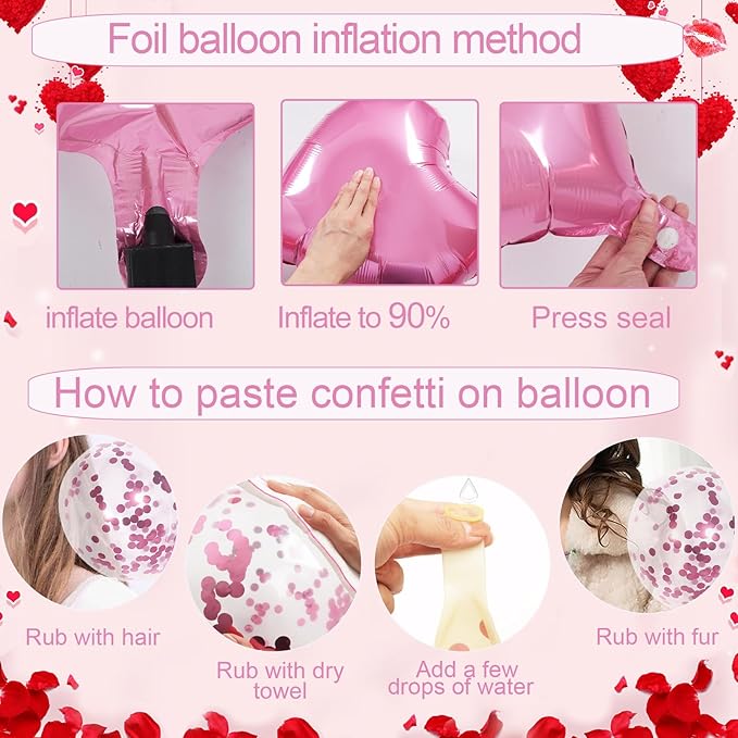 Pink Valentines Day Decorations with Heart Balloons and Love Balloon, Fake Rose Petals for Wedding Decor, Anniversary Decorations Romantic with Pink Latex Balloons and Heart Hanging