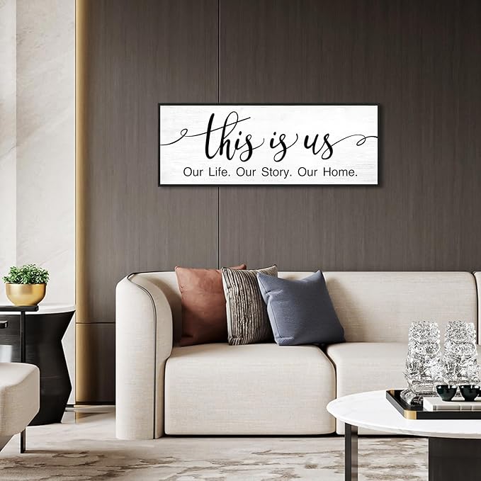 This is Us Wall Decor: 40x15 Inch Farmhouse Canvas Print Framed Family Sign for Living Room,Modern Minimalist Art with Quote Our Life Our Story Our Home Master Bedroom Wall Decor