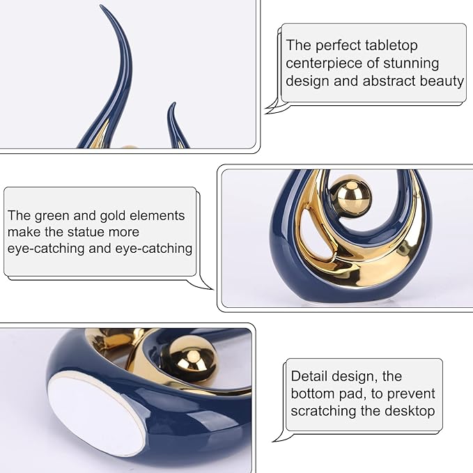 LCCCK Blue Gold Abstract Figurine Statues for Home Decor – Modern Ceramic Sculpture Accent, Decorative Statues for Living Room, Shelf, TV Stand, Office or Coffee Table Centerpiece Art Decoration