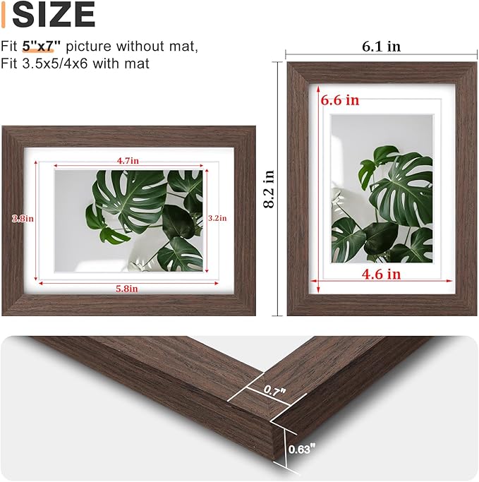 Egofine 5x7 Picture Frames Set of 4, Made of Solid Wood Covered by Plexiglass 3.5x5 and 4x6 with Mat or 5x7 without Mat, for Table Top Display and Wall Mounting Photo Frame Brown