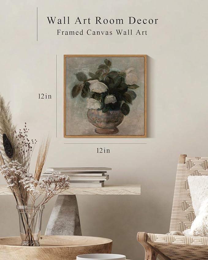 InSimSea Square Framed Canvas Wall Art, Flowers Decor Flowers in Vase Wall Paintings, Floral Pictures for Bedroom Bathroom Art Wall Decor, Kitchen Office Living Room Wall Art 12"x12"