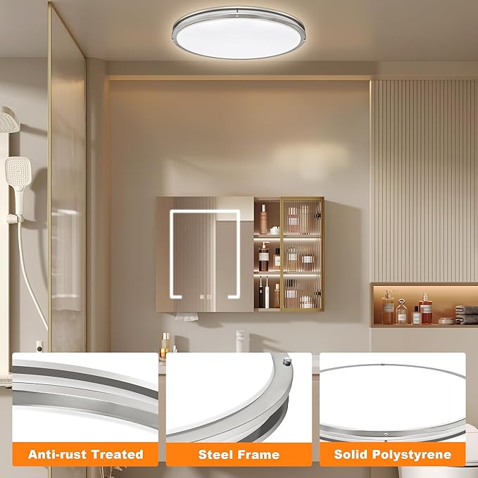 33 Inch Oval Brushed Nickel Ceiling Light Fixture - Flush Mount LED Kitchen Ceiling Lamp 3000K/4000K/5000K Adjustable Brushed Nickel Bathroom LED Light for Bedroom 40W 2500LM