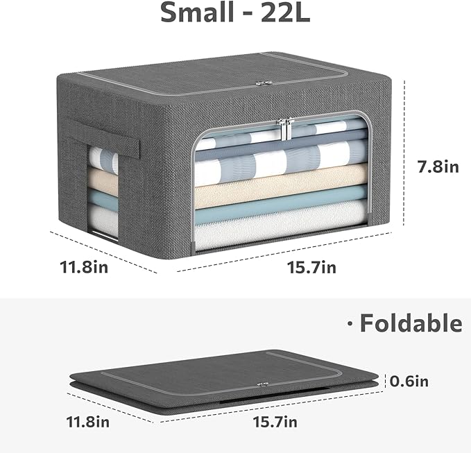 3Pack Foldable Storage Bins - Frame Storage Box Linen Fabric Stackable Clothes Container Organizer with Clear Window & Carry Handles Large Capacity (Small-22L, Dark Gray)