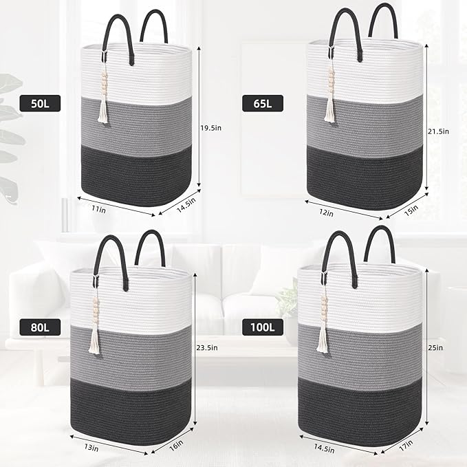 Woven Laundry Basket for Clothes,100 L Large Rectangle Laundry Hampers with Beads Tassel, Nursery Storage Basket for Toys, Tall Dirty Clothes Hamper for Bedroom Aesthetic, Laundry Room Organization