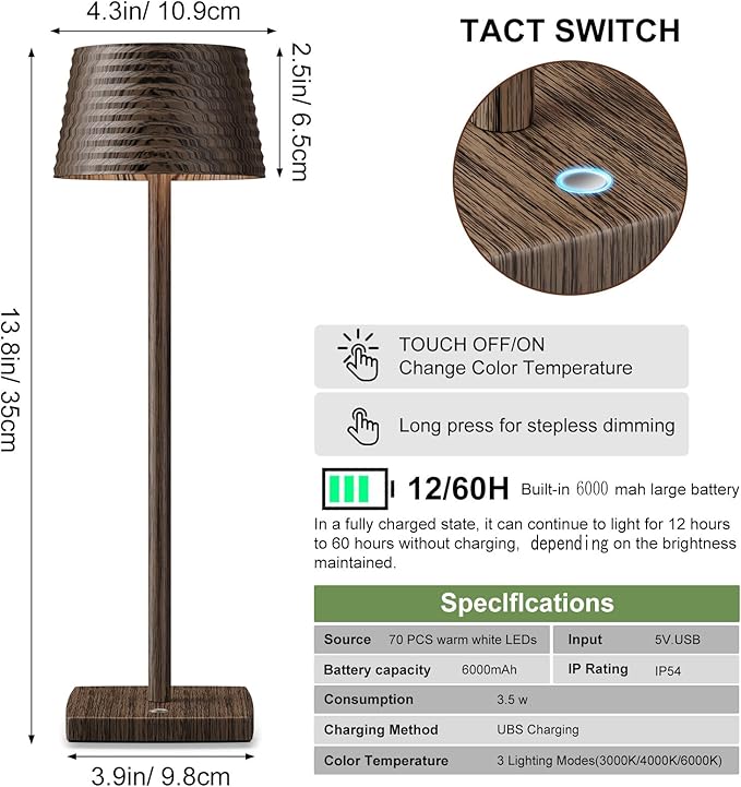 2Pack Cordless Table Lamps Rechargeable,Battery 6000mAh LED Portable Lights for Outdoor/Patio/Restaurant/Indoor Desk Lamp - IP54 Waterproof 3 Colors Stepless Dimming (2pack Walnut)