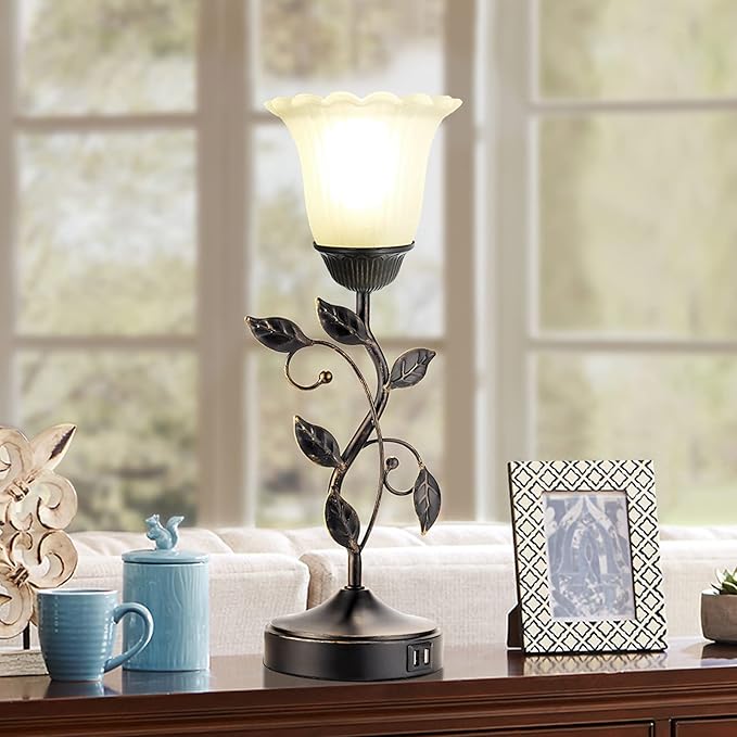 RORIANO Touch Bedside Lamp with 2 USB Charging Ports, 3-Way Dimmable Nightstand Lamps, White Glass Shade Vintage Rural Leaf Lamp for Living Room Tabletop Bedroom Side Table, LED Bulb Included