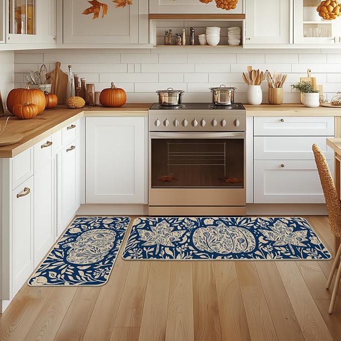 Artoid Mode Blue Flower Pumpkin Fall Kitchen Mats Set of 2, Autumn Home Decor Low-Profile Kitchen Rugs for Floor - 17x29 and 17x47 Inch