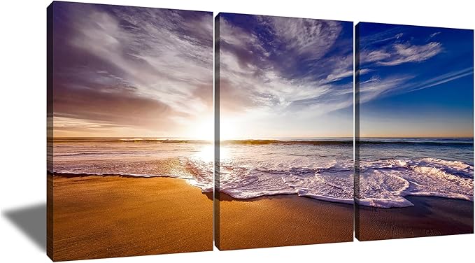 Beach Sunset Wall Decor Large Poster Wall ArtNatural Landscape Sea Waves Print on Canvas HD Picture Painting Artwork for Modern Home Living Room Gym Office Stretched and Framed [72''W x 36''H]