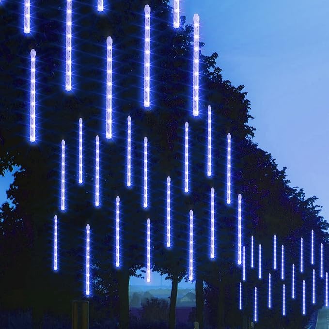 FUNPENY Meteor Shower Rain Lights, 288 LED Christmas Lights Icicle Snow Falling Halloween Light Outdoor Raindrop Light, 30cm 8 Tubes Xmas Tree Holiday Christmas Halloween Decoration, Blue