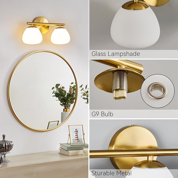 Modern 2 Light Bathroom Vanity Light Gold Vanity Light Bathroom Light Fixtures Over Mirror with Milk Glass Shade Bathroom Vanity Lighting Fixtures