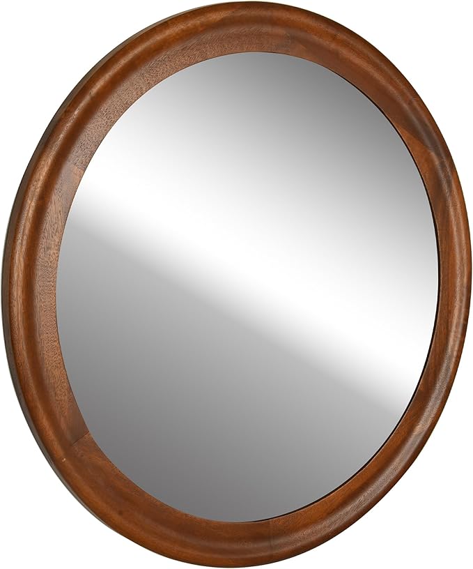 Round Wood Mirror for Wall,24 Inch Circle Decorative Mirror with Walnut Frame,Rustic Bathroom Hanging Vanity Mirror for Entryway,Bedroom or Living Room(Walnut Brown)