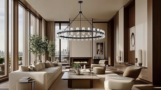 60 Inch Black Wagon Wheel Chandelier with Crystal Shade, 60 Lights, Modern Farmhouse Style, Ideal for Dining Room, Kitchen, Entryways