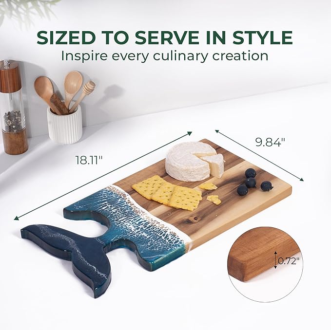 Acacia Wood Cutting Board with Epoxy Resin Art, 18.1”x9.8”, Includes Stand & Loofah, Handcrafted Ocean Wave Design, Charcuterie, Bread, Meat & Serving Board (Whale Tail Handle)