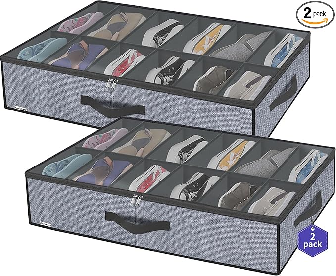 Onlyeasy Large Under Bed Shoe Organizer (6 to 12 Pairs x 2) - Underbed Shoes Closet Storage Solution with Metal Zipper and 2 Handles, Breathable, 29.3"x23.6"x5.9", Linen-like Grey, MXDUBSB2P