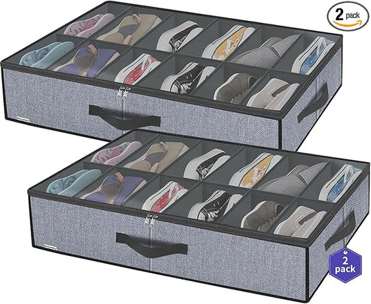 Onlyeasy Large Under Bed Shoe Organizer (6 to 12 Pairs x 2) - Underbed Shoes Closet Storage Solution with Metal Zipper and 2 Handles, Breathable, 29.3"x23.6"x5.9", Linen-like Grey, MXDUBSB2P
