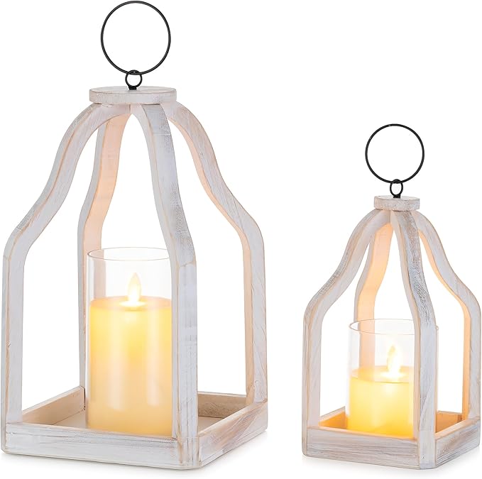 Romadedi Farmhouse Decorative Lantern Wooden - Set of 2 Rustic Wood Lanterns Candle Holder for Wedding Table Centerpieces Indoor Outdoor Fireplace Mantle Home Decor, Whitewashed