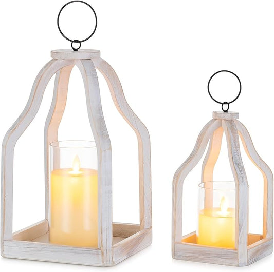 Romadedi Farmhouse Decorative Lantern Wooden - Set of 2 Rustic Wood Lanterns Candle Holder for Wedding Table Centerpieces Indoor Outdoor Fireplace Mantle Home Decor, Whitewashed