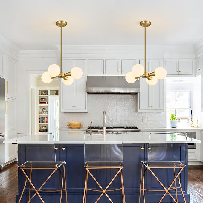 Mid Century Modern Ceiling Light with Milk White Glass lampshade Gold Semi Flush Mount Ceiling Light Fixture Sputnik Chandelier for Bedroom Living Room Dining Room Foyer Hallway(4-Lights)