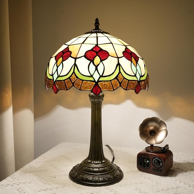 Red Tuilp Tiffany Lamp Stained Glass Table Lamps Antique Vintage Style Bedside Nightstand Nightstand Decor Living Room Bedroom Office Home Retro Bar Hotel 12 Inch Unique Flower Reading Desk Lamps