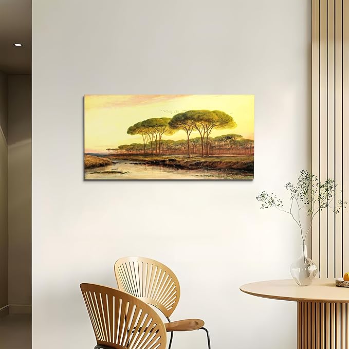 crmotu Large Canvas Wall Art, Sunset Forest Vintage Wall Paintings, Dusk Landscape Art Prints, Riverside Scenery Retro Artwork, Nature Aesthetic Pictures Wall Decor Living Room Bedroom 20"X40"