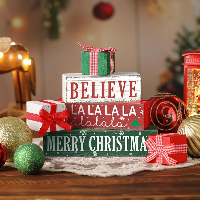 Geelin 4 Pieces Merry Christmas Wooden Table Decorations Xmas Present Box Wooden Signs Rustic Christmas Tiered Tray Decor Xmas Believe Tabletop Centerpieces for Home Desk Room Kitchen Shelf