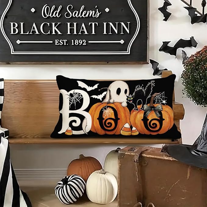 Baccessor Halloween Pillow Cover 12x20 Inch, Black Boo Ghost Spooky Lumbar Pillow Case Halloween Decor for Cushion Sofa Couch Indoor Outdoor Decoration 1 Piece