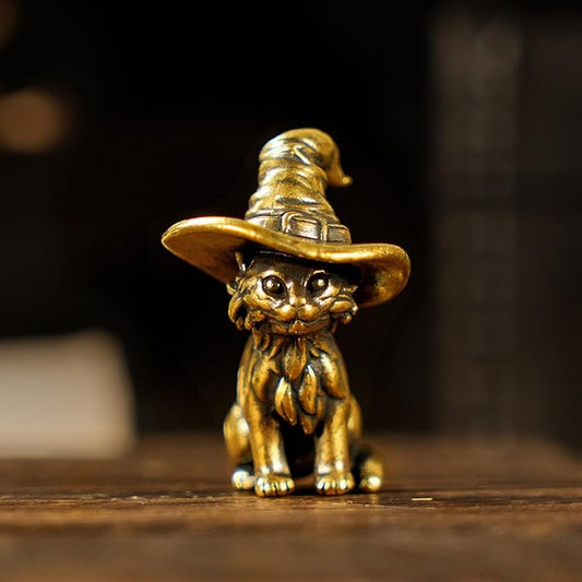 CHOVY Retro Handcrafted Witch Cat Ornament - 100% Solid Brass Desk Decor | Enchanting Feline Sculpture with Wizard Hat Unique Gift for Cat Lovers & Magic Enthusiasts