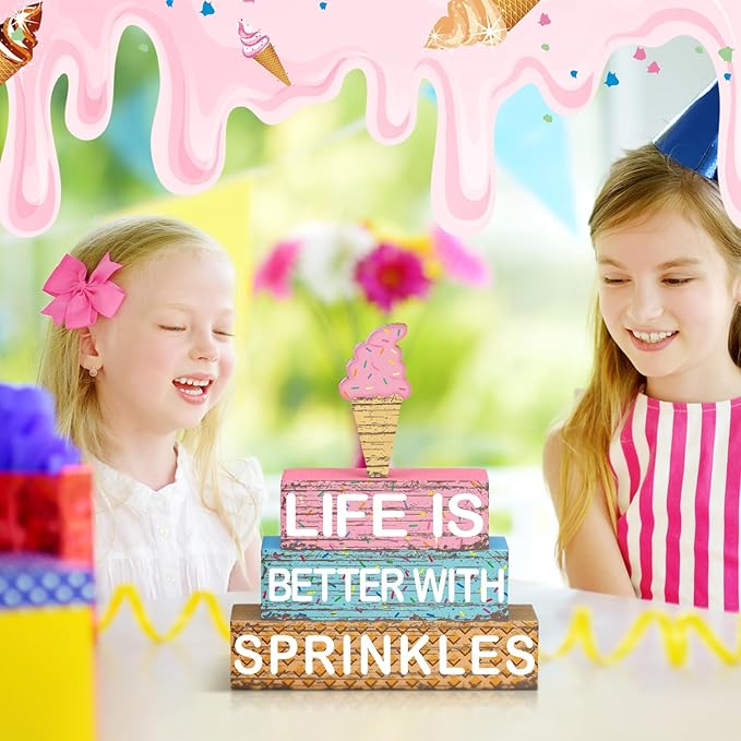 Geelin 4 Pieces Summer Ice Cream Table Wooden Decorations Ice Cream Wood Sign Centerpiece Home Decor Bar Party Decorations Blocks Tiered Tray Table Top Sign for Home