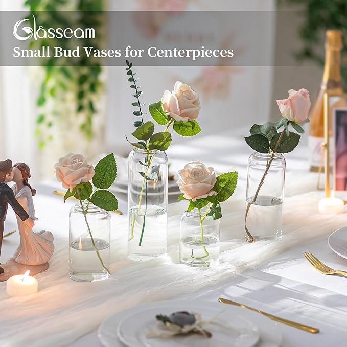 Glasseam Glass Bud Vase for Centerpieces, 4pcs Small Flower Vase Set for Single Rose Bouquet, Modern Minimalis Clear Table Centerpieces for Home Decor Living Room Bathroom Kitchen Wedding Party