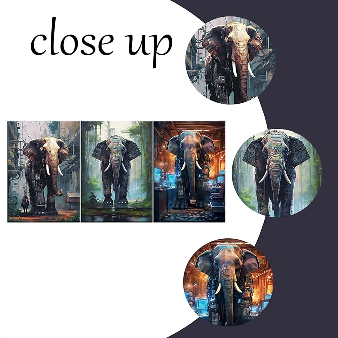 Abstract Elephants Wall Art Cyberpunk Giant Machine Animal Posters Print on Canvas Modern Sci-Fi Theme Picture Painting Wall Decor Artwork for Living Room Gym Office Ready to Hang [60''W x 28''H]