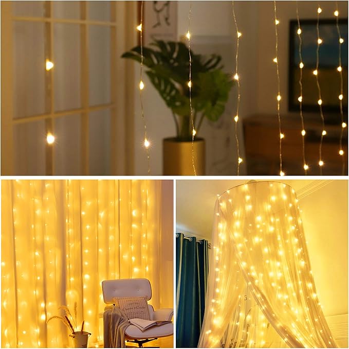 HOME LIGHTING Window Curtain String Lights, 300 LED 8 Lighting Modes Fairy Copper Light with Remote, USB Powered for Christmas Party Wedding Home Decorations (Warm White)