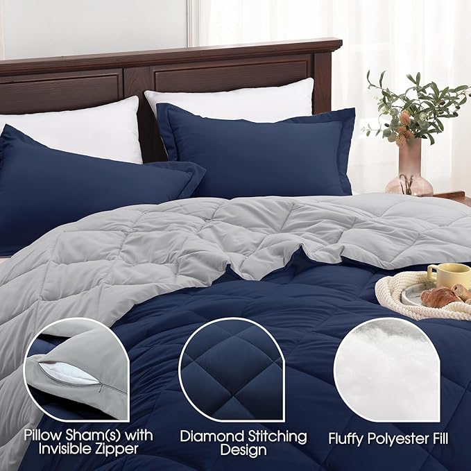 Beyond King Size Navy Blue Reversible Comforter for All Seasons - King, 1 Comforter 104"x92" & 2 Pillow Shams 20"x36"+2"