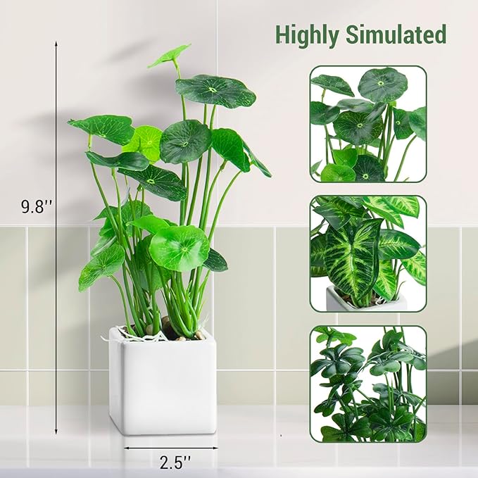 MyGift Set of 3 Artificial Plants, Faux Potted Plants Indoor, Small Fake House Plant in White Square Ceramic Pots for Shelf Decor