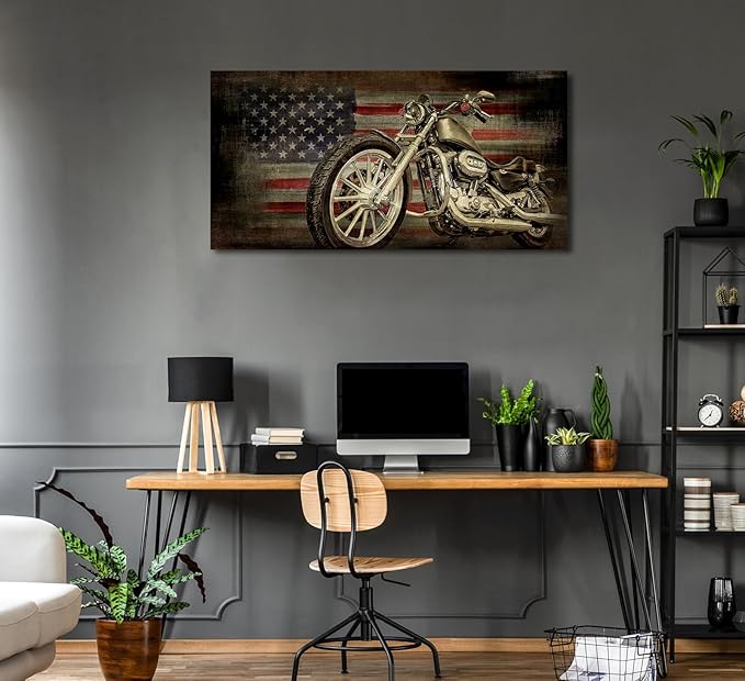 yearainn American Flag Motorcycle Wall Art - Vintage Map of USA Pictures Retro Motorcycle Wall Decor American Freedom Ride Canvas Painting Print Modern Classic Artwork for Home Office Decor 20" x 40"