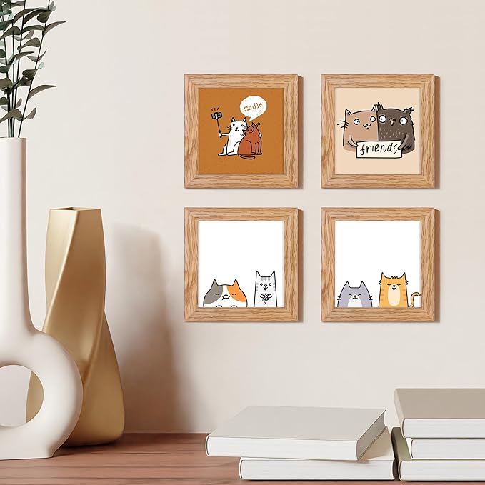 4x4 Picture Frames, 4 x 4 Photo Frames with Stand, Solid Oak Wood 4 by 4 Frame, 4x4 Picture Frame for Wall, Rustic Wood Frame 4"x4" with Real Glass, 4 by 4 Frames Set of 4, Natural Oak Color