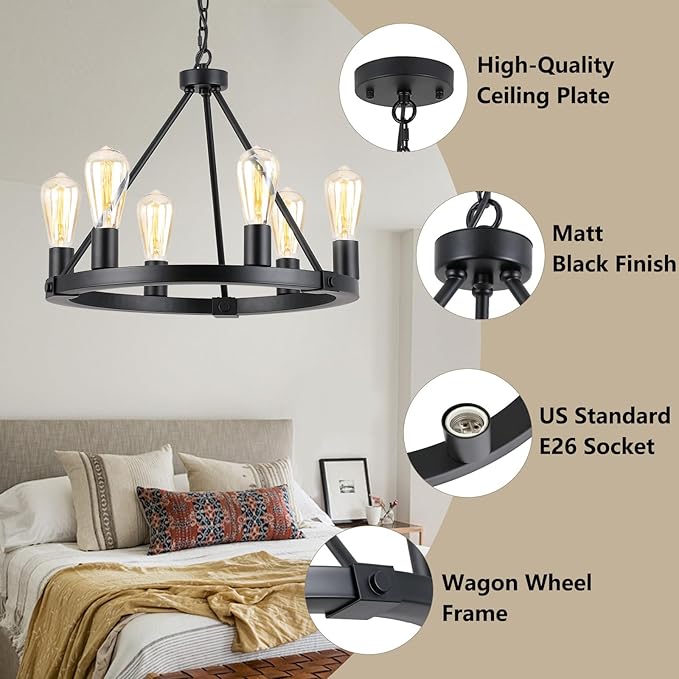 9MMML Black Wagon Wheel Chandelier, 6-Light Industrial Pendant Light, 20'' Farmhouse Ceiling Hanging Chandelier Light Fixture for Living Room, Bedroom, Entryway, Foyer