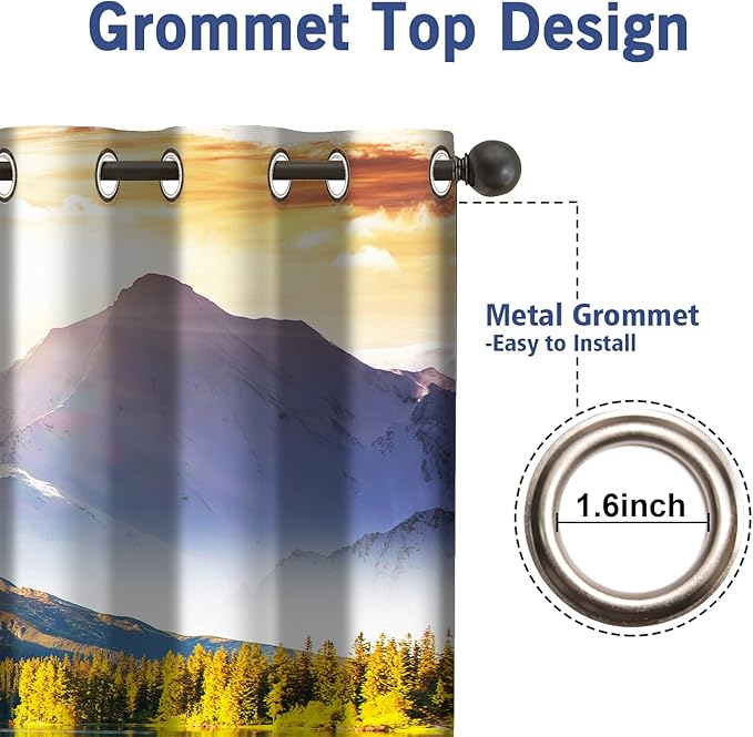 Jekeno Mountain Forest Blackout Curtains Tree Lake in Sunny Sky Nature Scenery Decor for Bedroom Living Room Grommet Window Drapes 2 Panel Set, 42"x54"