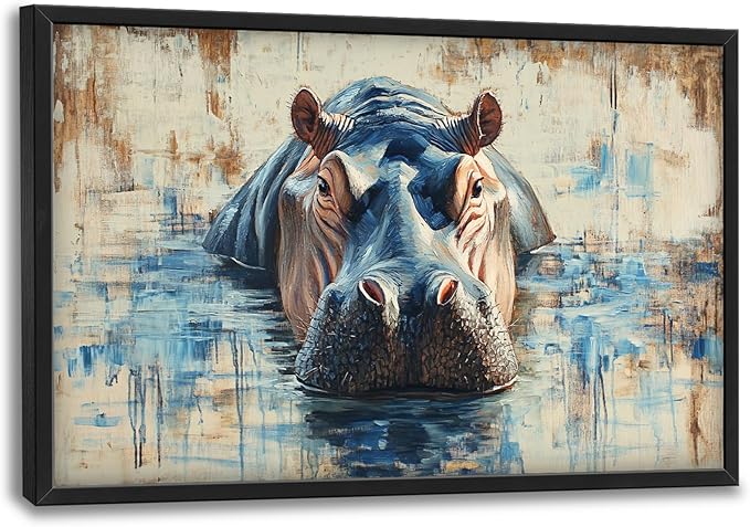Extra Large Framed Abstract Hippo Wall Art,Oversized African Hippopotamus Wild Animal Wall Decor,Vintage Pictures for Living Room,Canvas Print Painting Modern Artwork Bedroom Office Bathroom 36L x24W