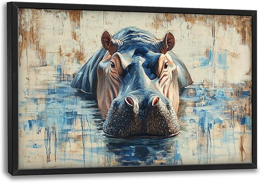 Extra Large Framed Abstract Hippo Wall Art,Oversized African Hippopotamus Wild Animal Wall Decor,Vintage Pictures for Living Room,Canvas Print Painting Modern Artwork Bedroom Office Bathroom 36L x24W