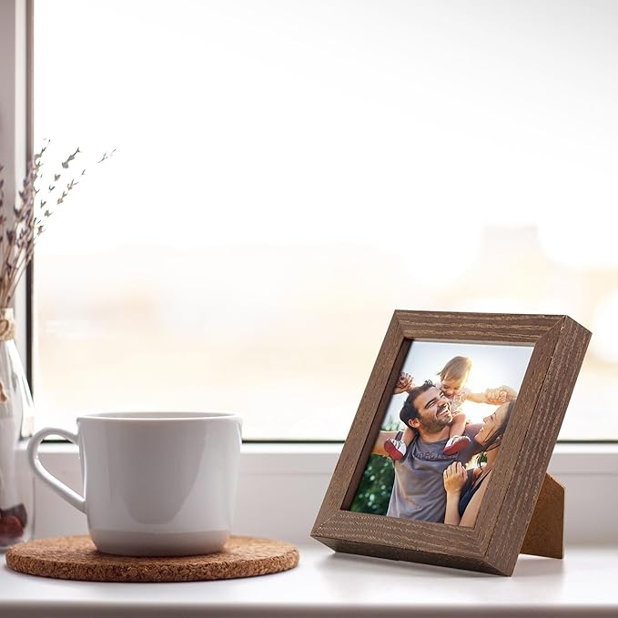 Fun Memories 4x4 Picture Frame, Solid White Oak Wood Frame 4 by 4, 4 x 4 Square Photo Frame with Tempered Real Glass, Rustic Wooden Frame 4"" x4 for Wall & Tabletop Display, Walnut Color, Set of 4
