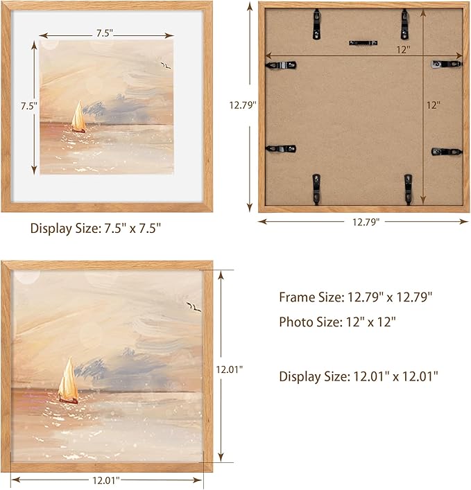 Fun Memories 12x12 Picture Frames Set of 3, Natural Oak Wood Frame With Mat for 10 x 10, Square With Tempered Real Glass, Gallery Wall Set